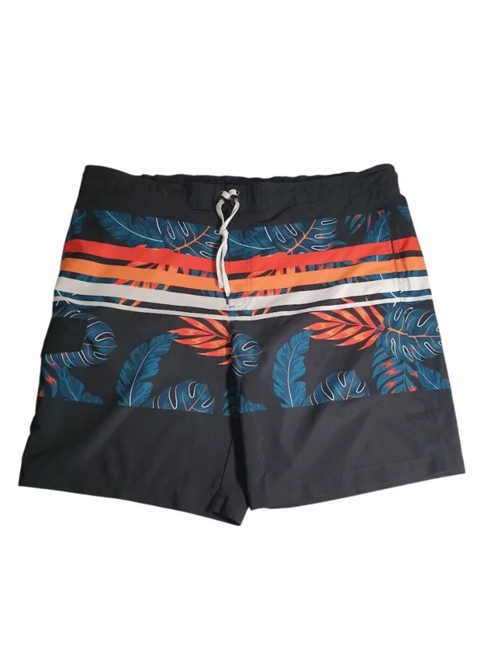 Sonoma Mens Swim Shorts Black Tropical Print Drawstring 46 Waist Lined Vacation